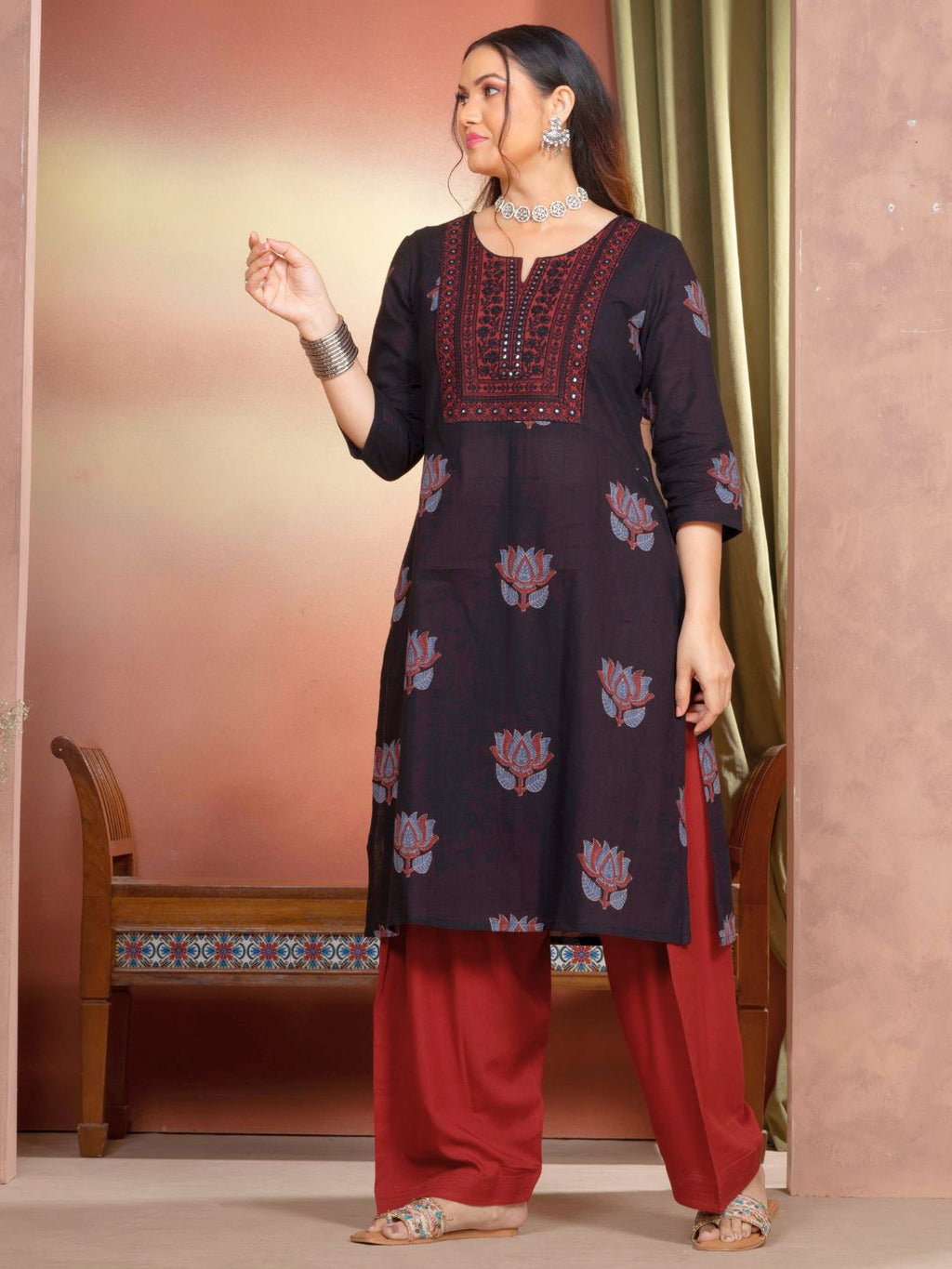 Midnight Black Cotton Motif Print Straight Kurta with Embroidered Neckline