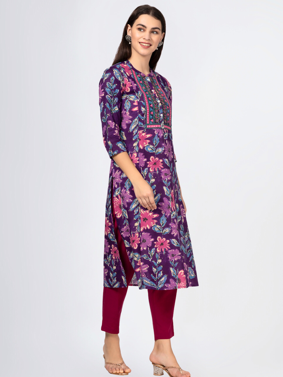 Purple Cotton Printed Kurta with Embroidered Neck and Mirror Work