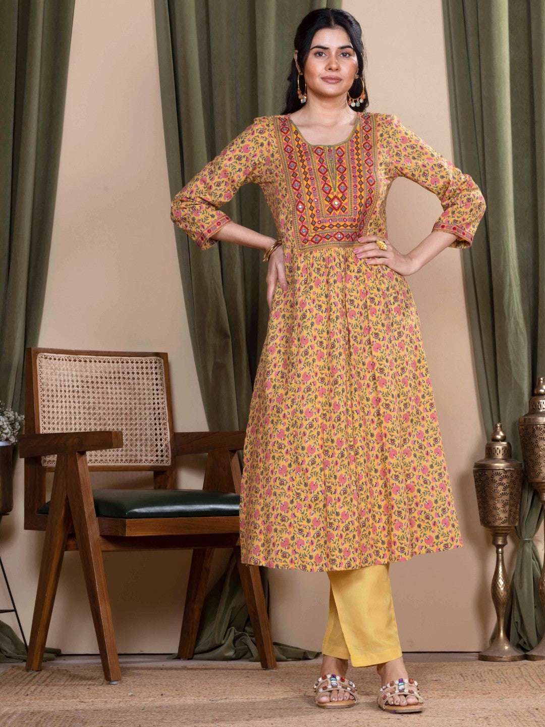 Marigold Ochre Sanganeri Print Kurta with Embroidered Yoke