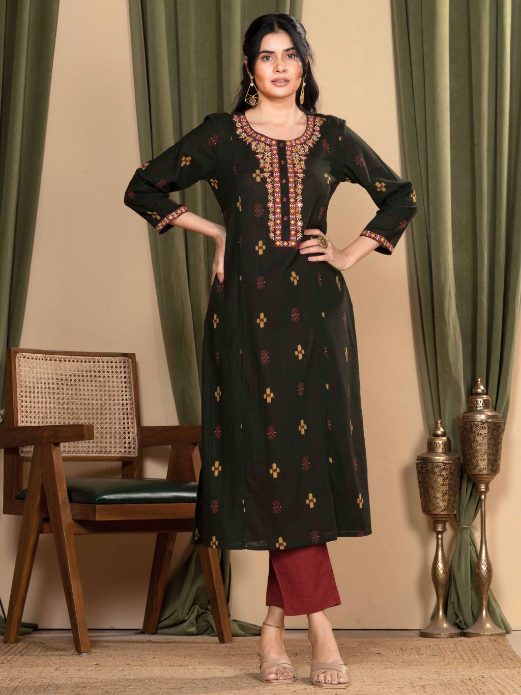 Forest Green Ikat Print Cotton Kurta with Embroidery