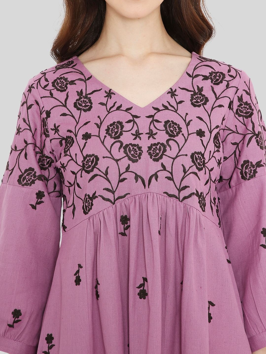 Mauve Boho Embroidered Cotton Midi Dress