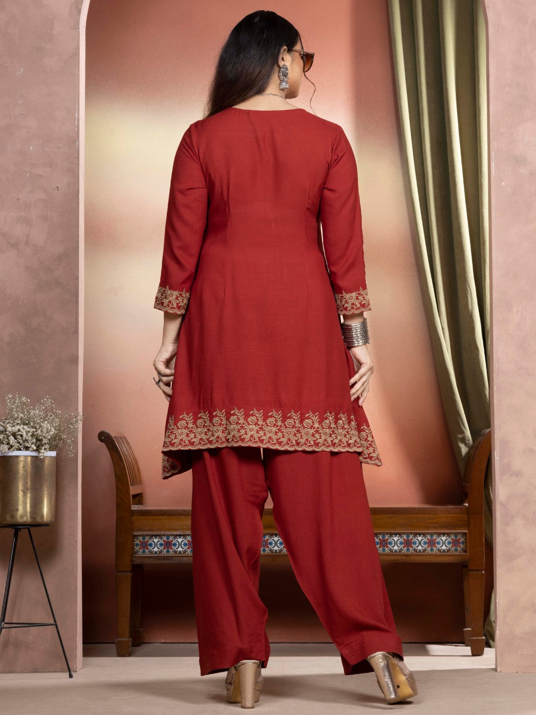 Terracotta Rust Embroidered A-Line Kurta with Farshi Salwar