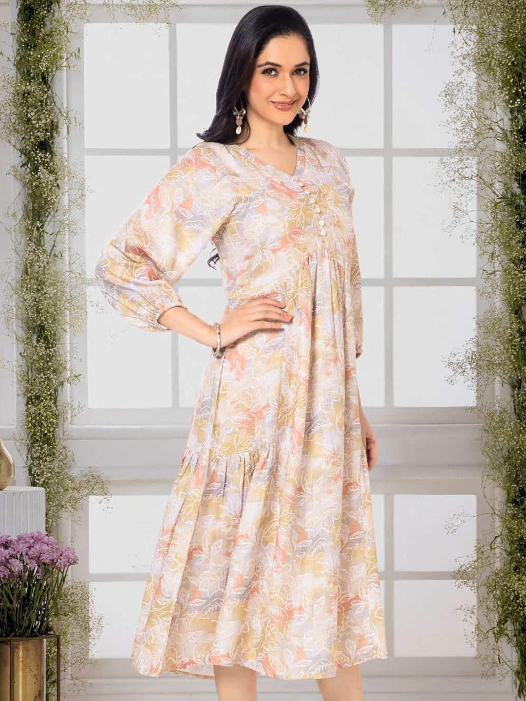 Moccasin Yellow Modernist Floral Midi Dress