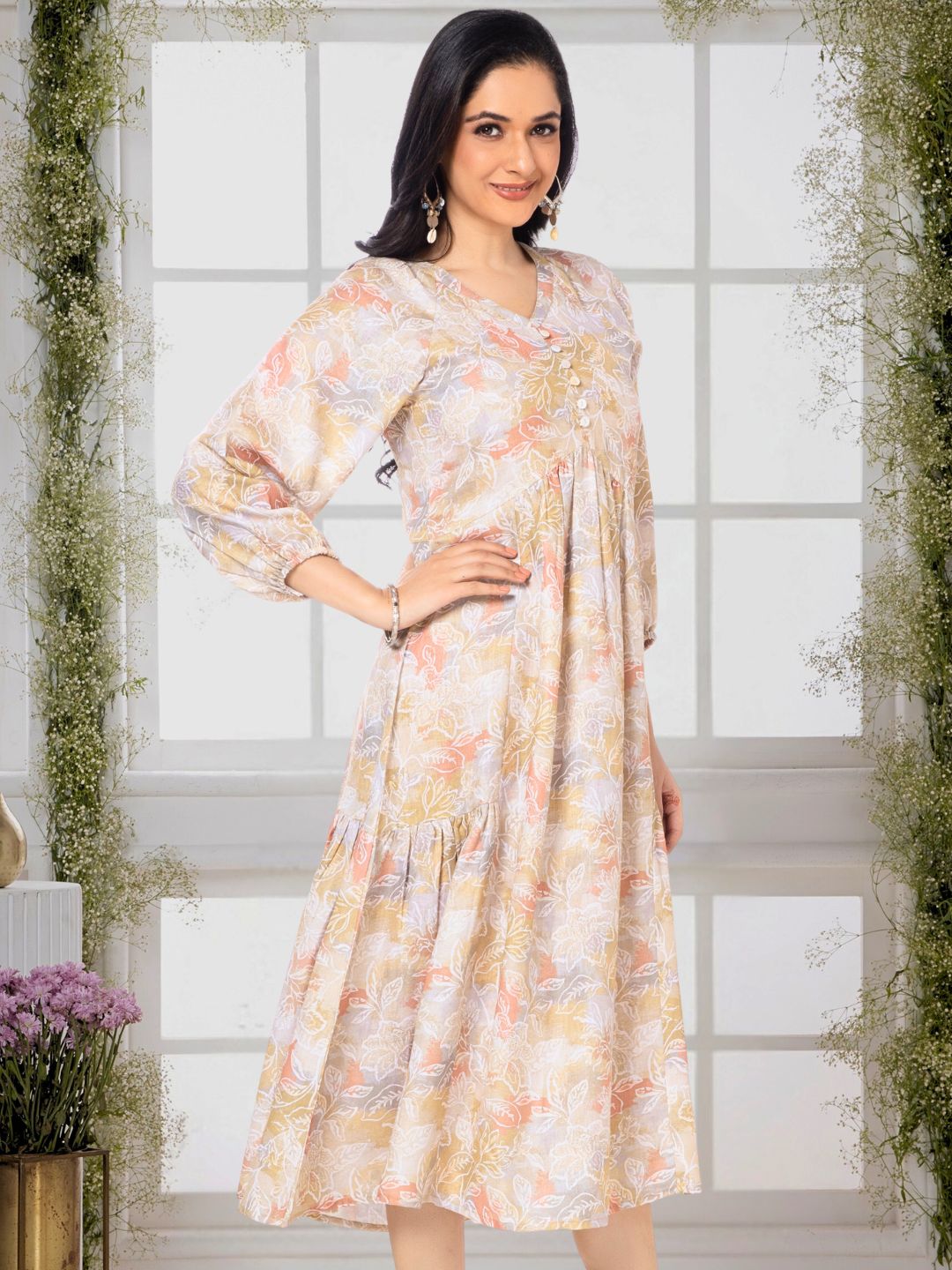 Moccasin Yellow Modernist Floral Midi Dress