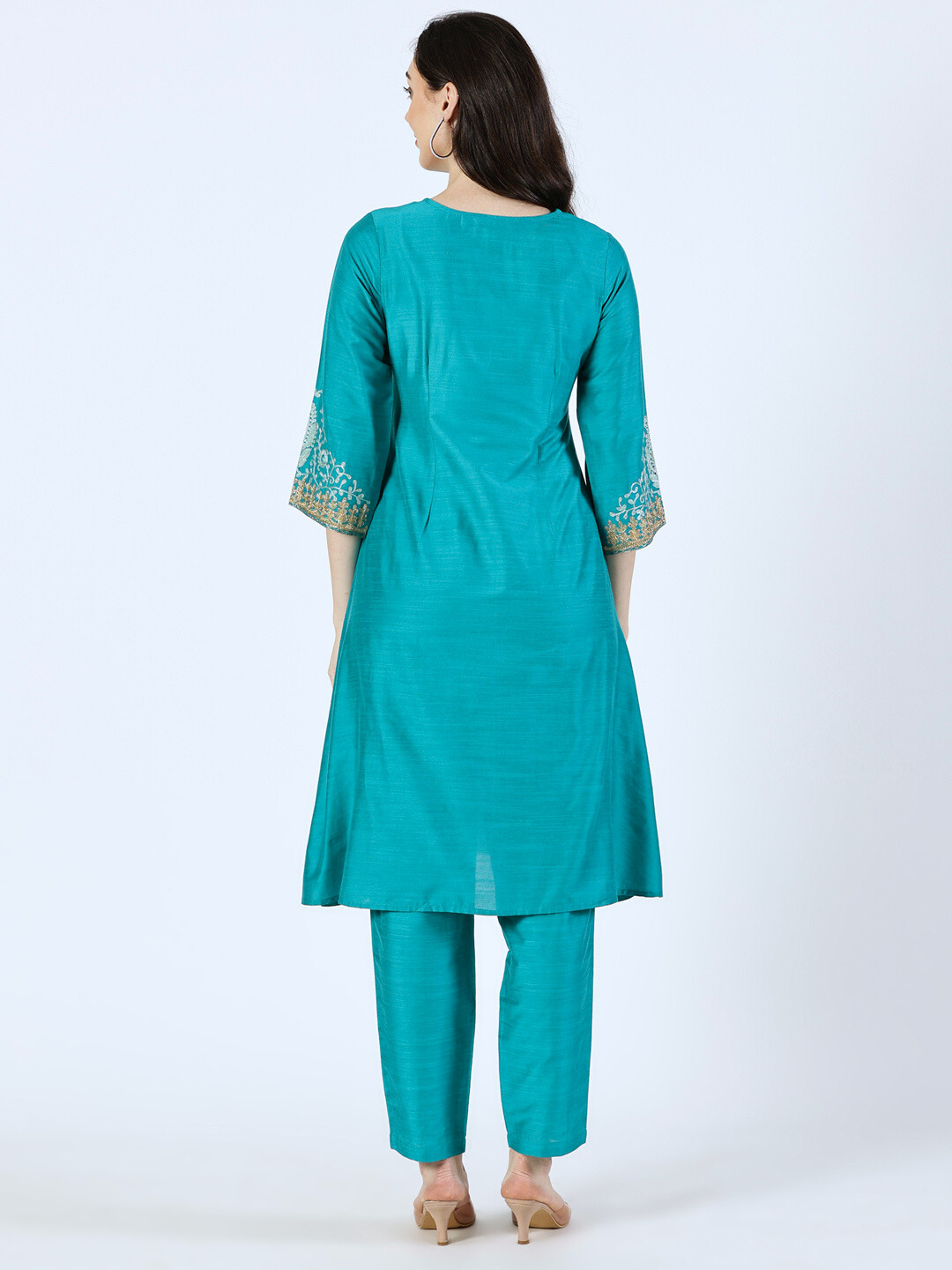 Turquoise Art Silk Embroidered Kurta and Palazzo Set