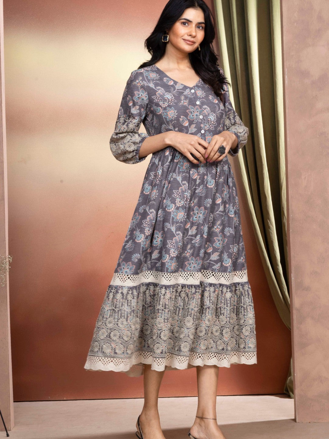 Fossil Grey Vintage Meadow Boho Tiered Dress