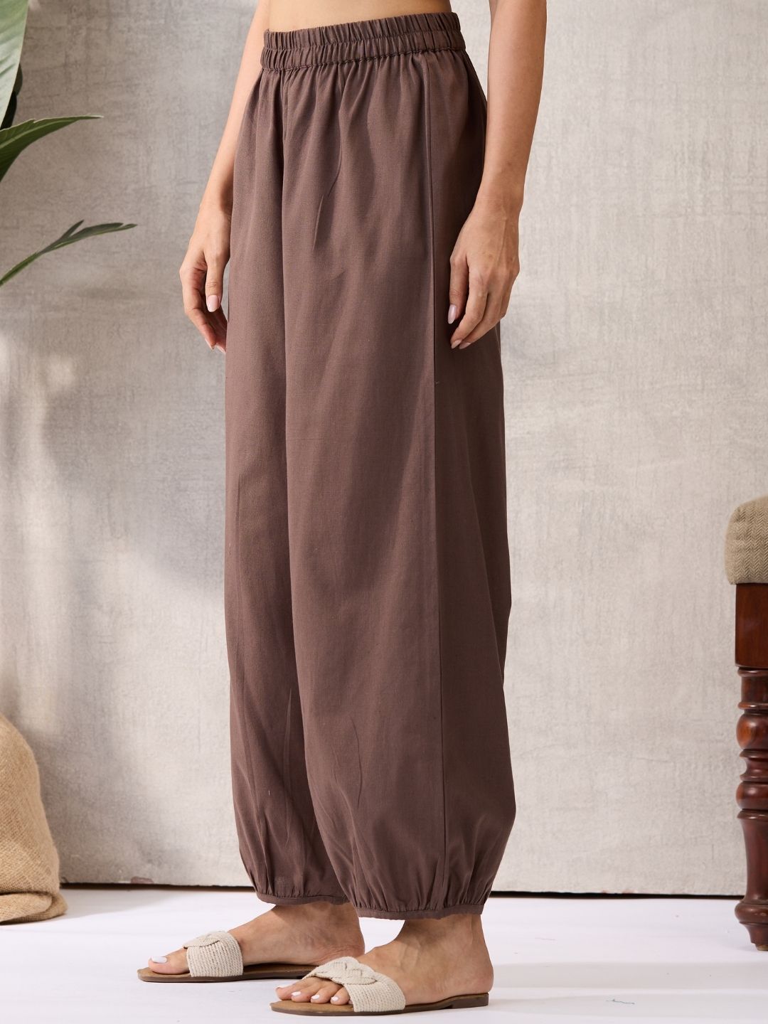 Brown Cotton Linen Piping Hem Palazzo with Pocket