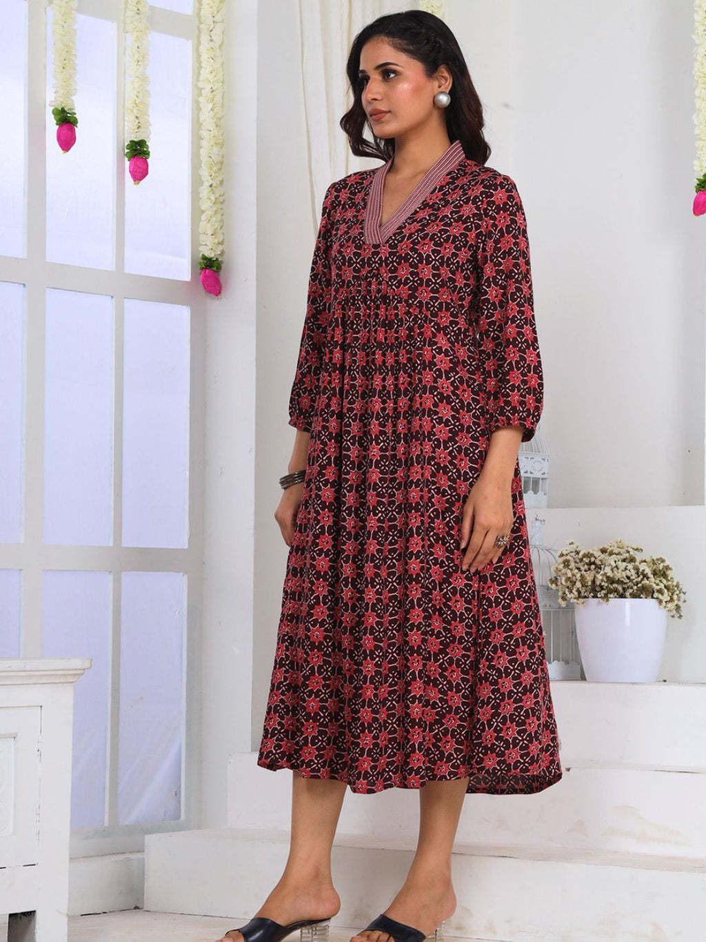 Wine Printed A-Line Dress with Embroidery and Pockets