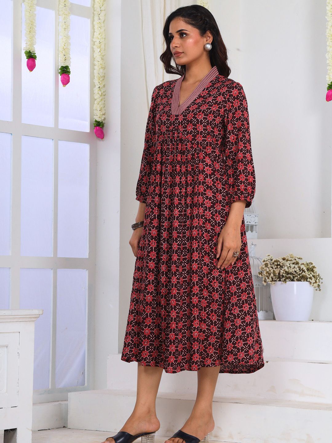 Wine Printed A-Line Dress with Embroidery and Pockets