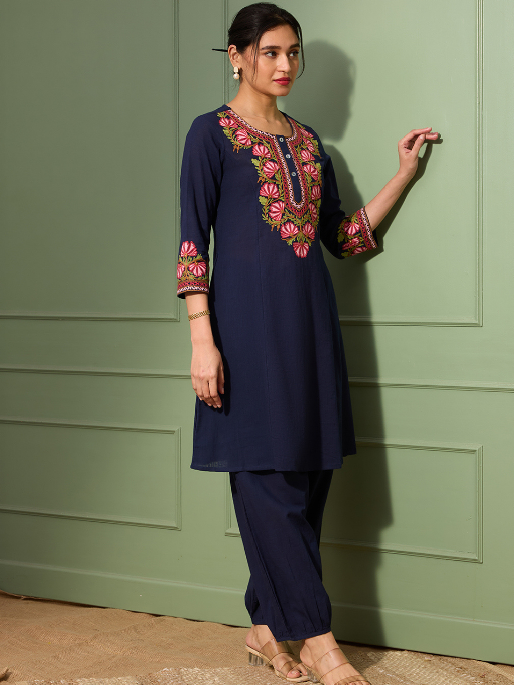 Deep Prussian Blue Kashida Embroidered A-Line Cotton Kurta Set with Afghani Salwar