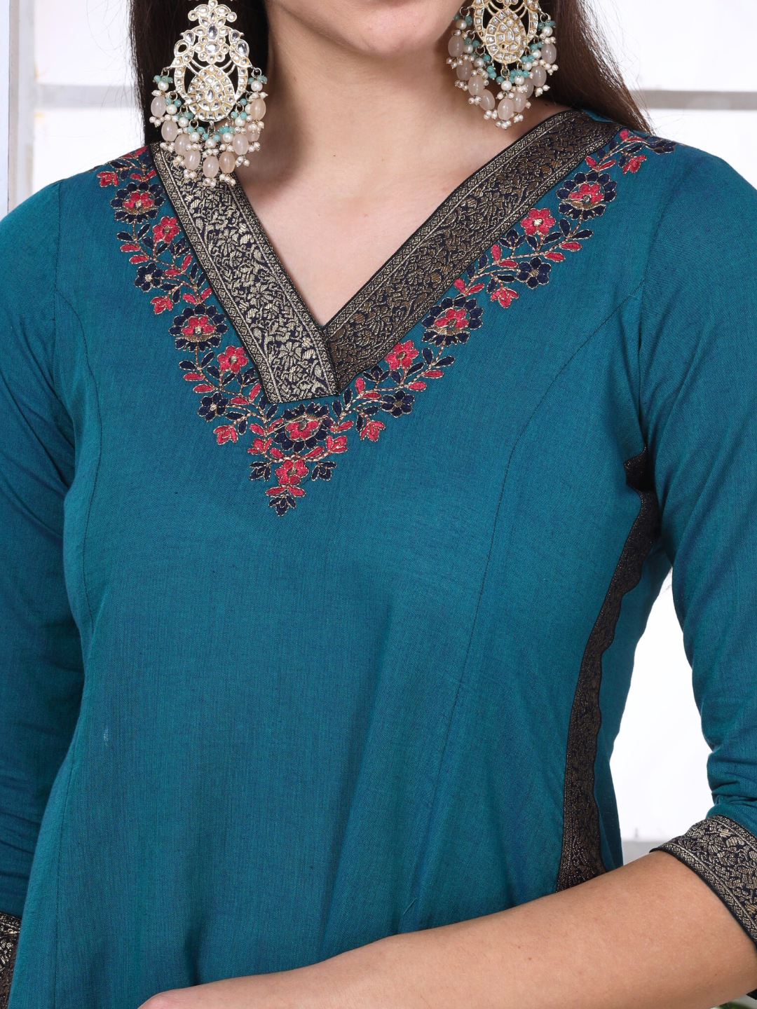 Blue Cotton Embroidered Kurta Set with Brocade Lace