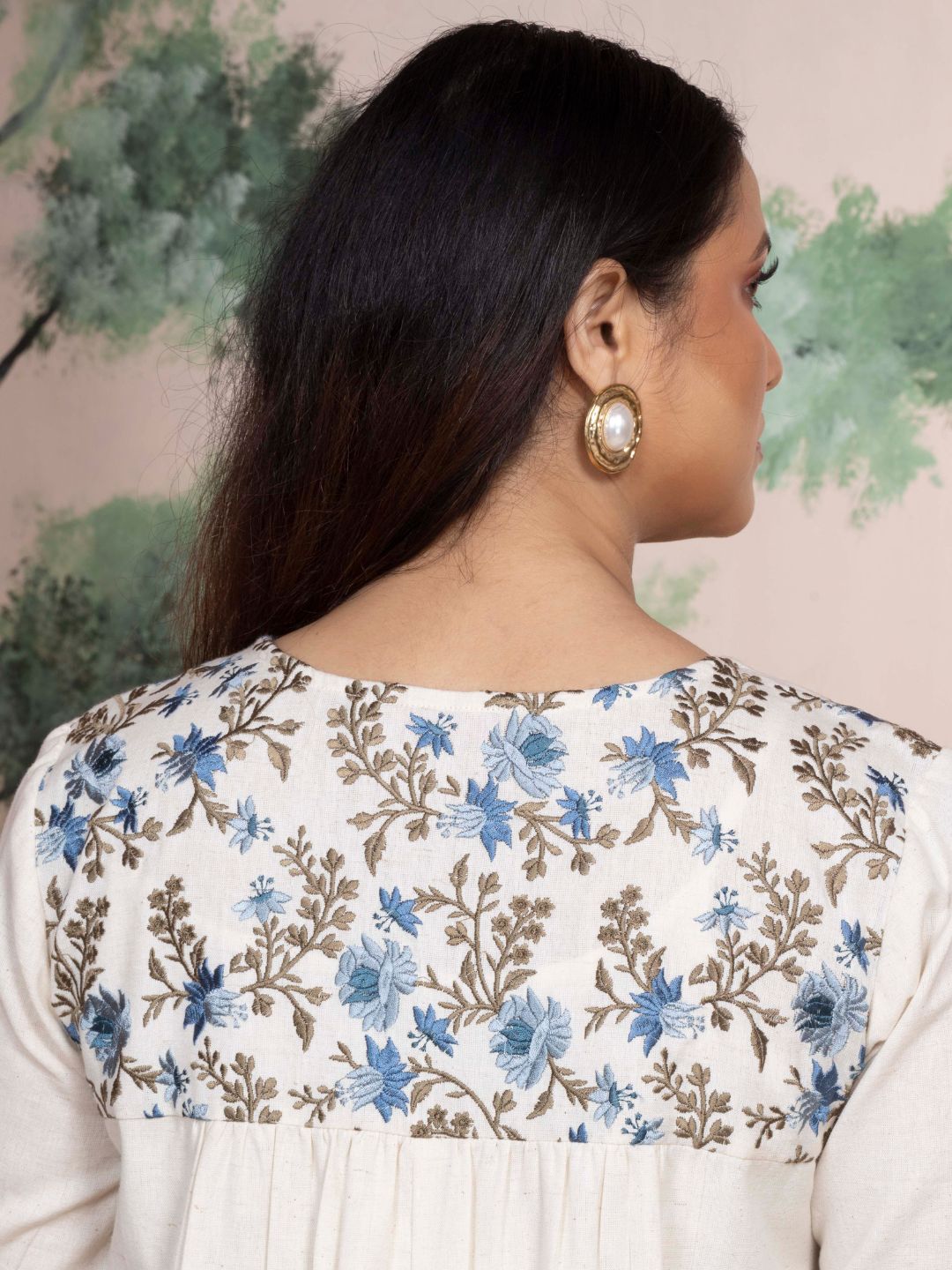 Natural Cotton Linen Dress A-Line with Parsi Gara Inspired Embroidery