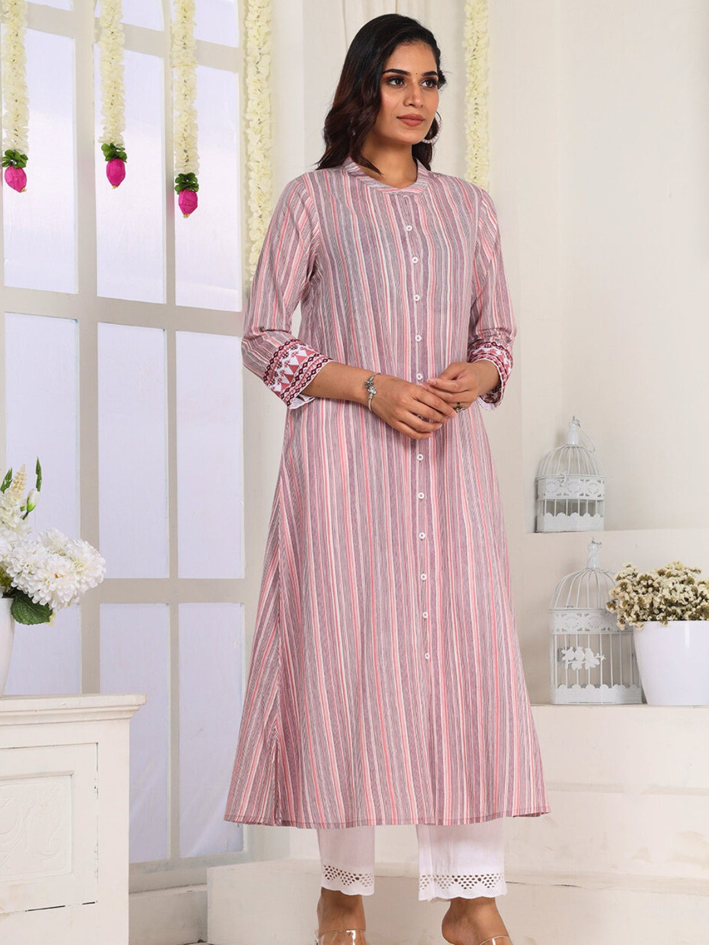 Blush Pink Striped Cotton Kurta for Women