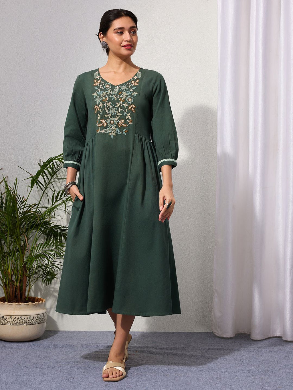 Hunter Green Embroidered Cotton-Linen Dress