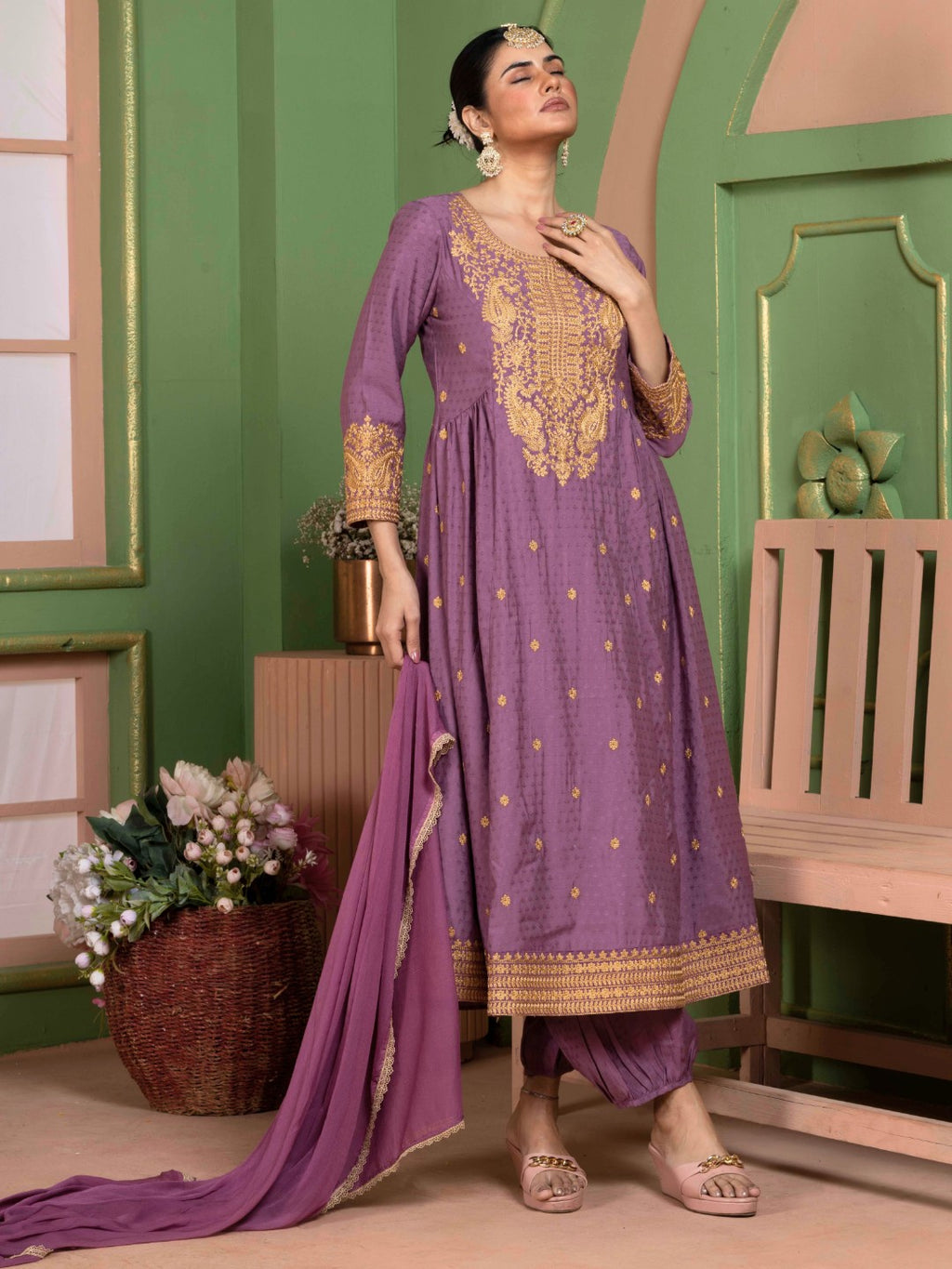 Dusty Plum Kashida Embroidered Fit and Flare Kurta with Salwar and Dupatta
