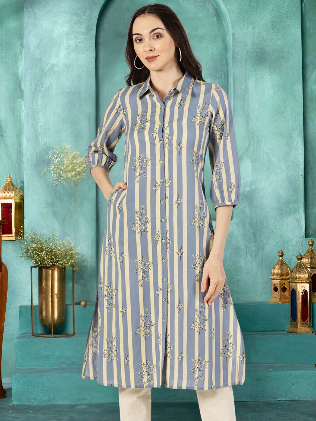 Blue Floral Print Shirt Kurta