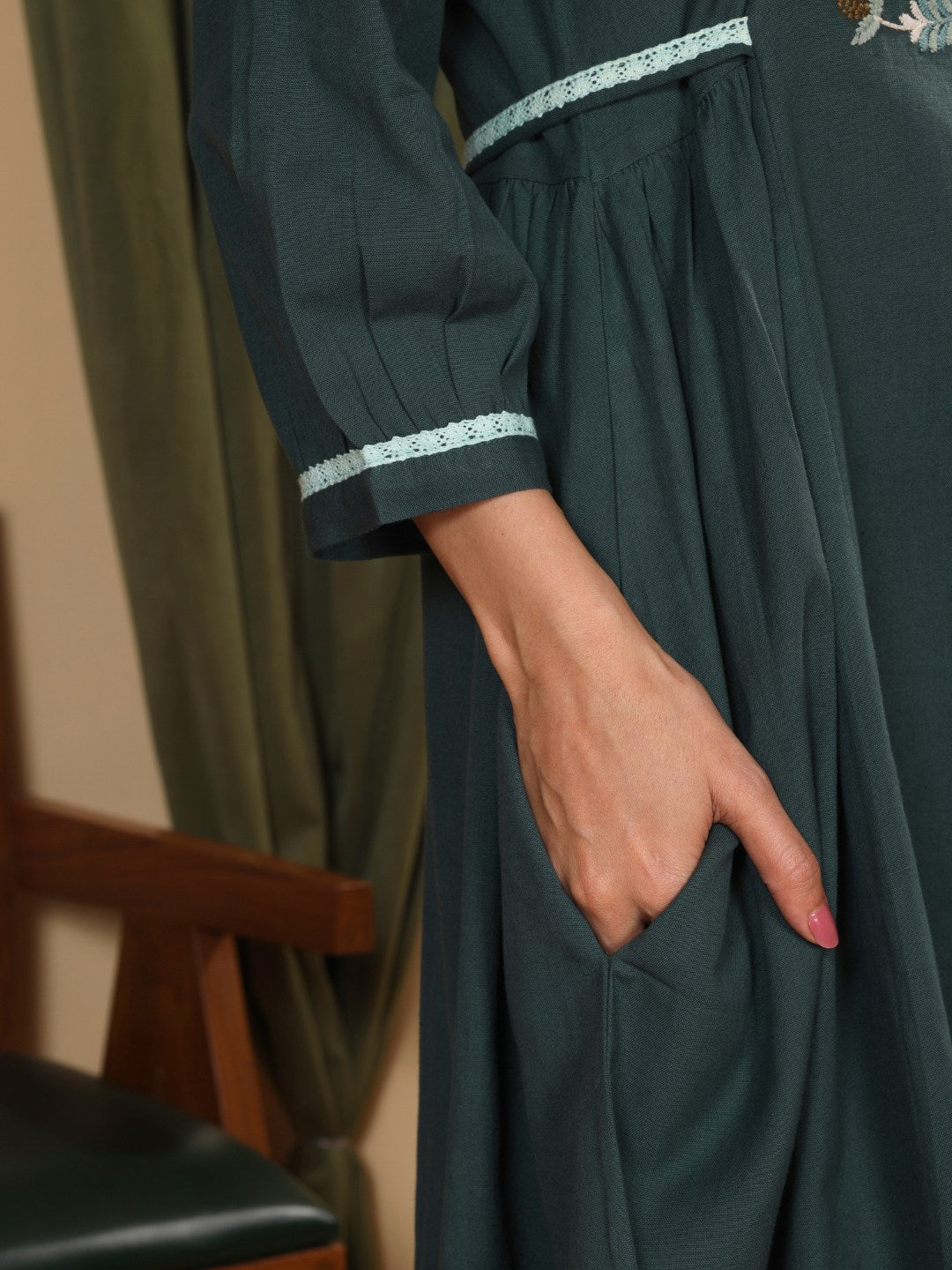 Hunter Green Embroidered Cotton-Linen Dress