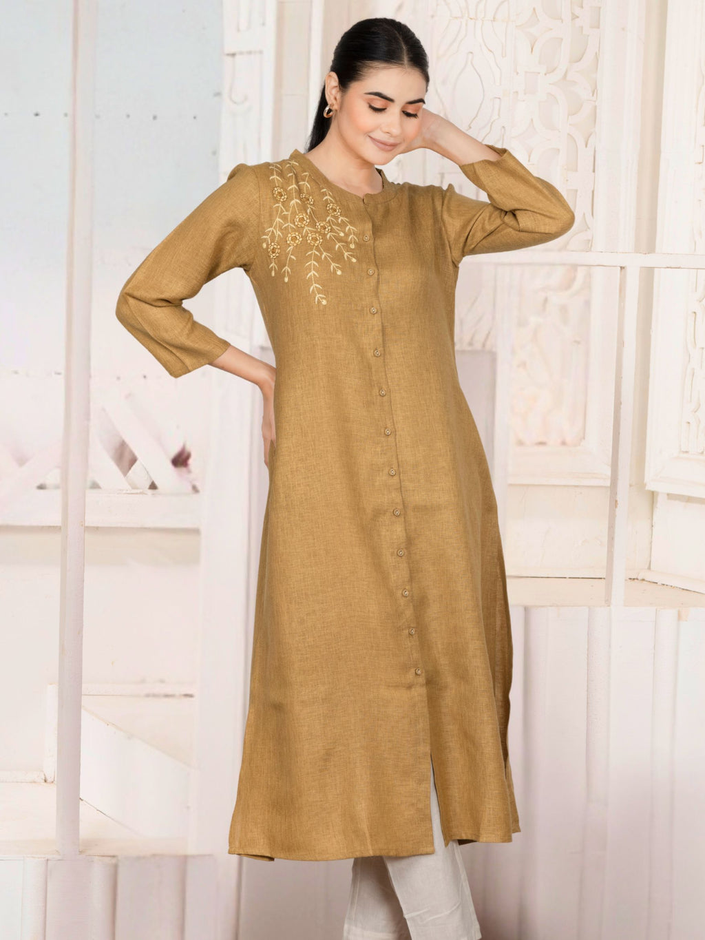 Honey Mustard Vine-Trail Button-Down Kurta