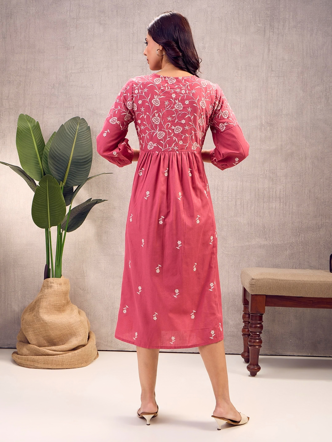 Coral Boho Embroidered Dress