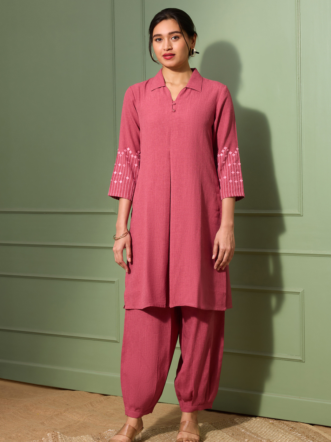 Blush Pink Embroidered Kurta Set with Pleated Pants for Women | Saffron Threads
