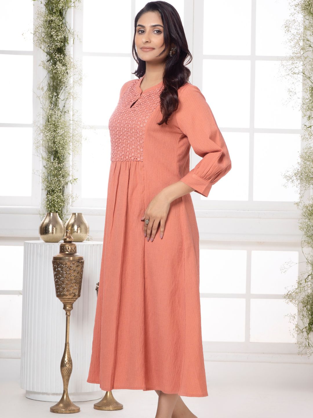 Vintage Coral Cutwork Embroidered Crinkled Dress