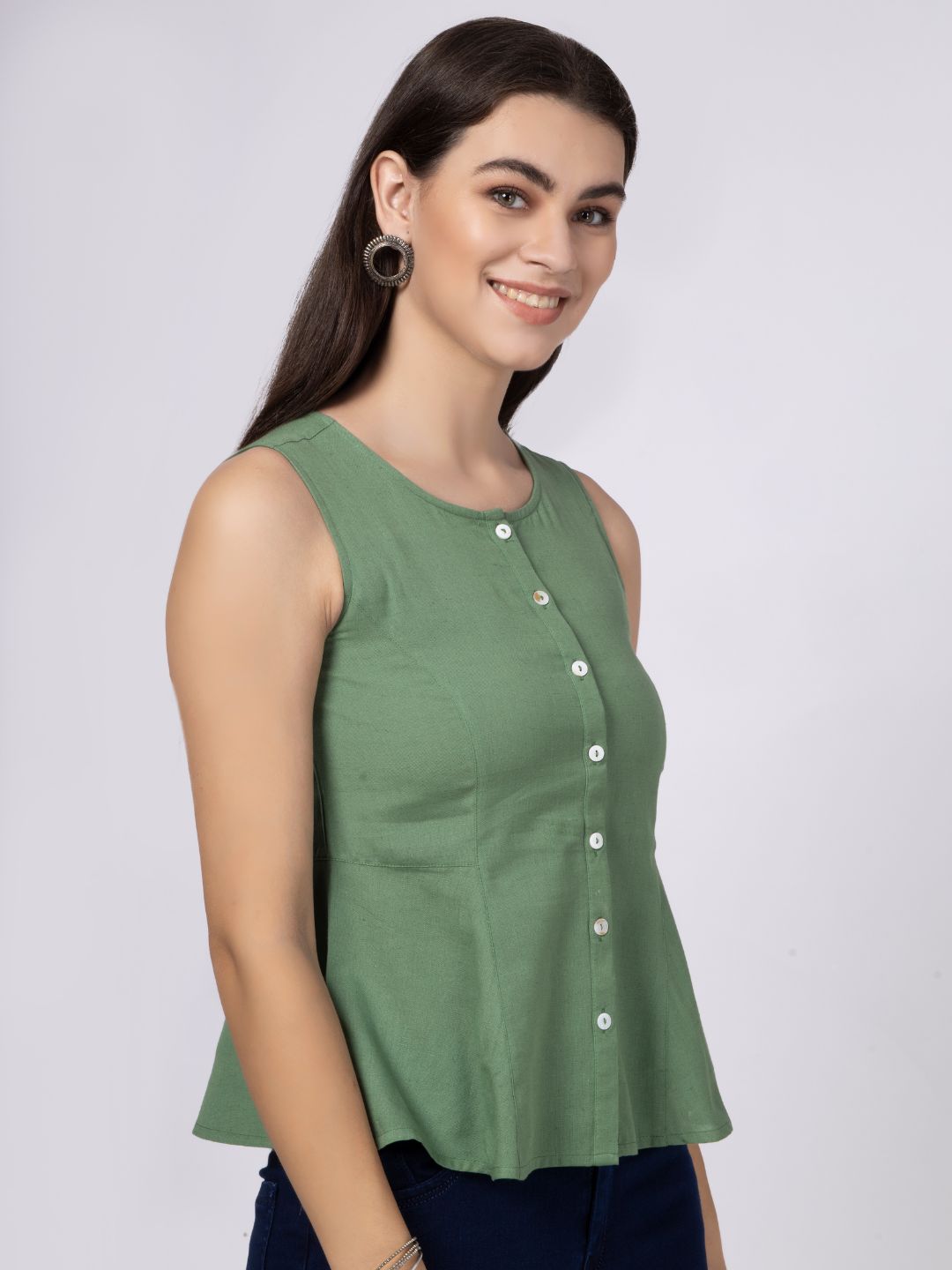 Olive Cotton Flax Panelled A-Line Top with Button-Down Placket