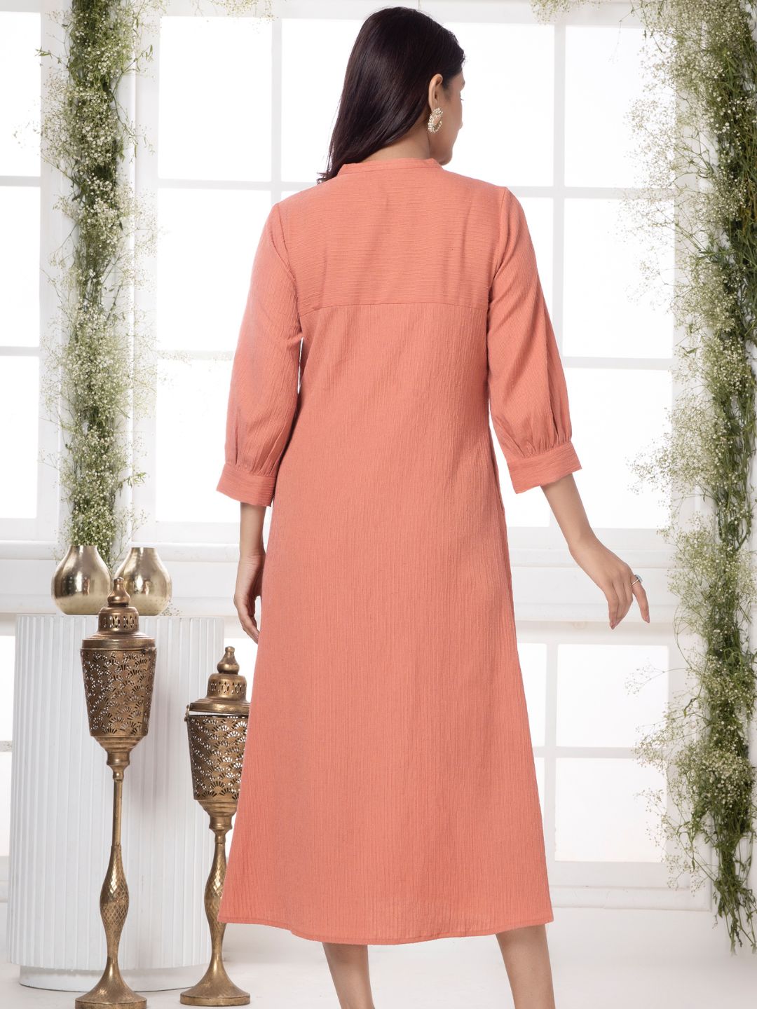 Vintage Coral Cutwork Embroidered Crinkled Dress