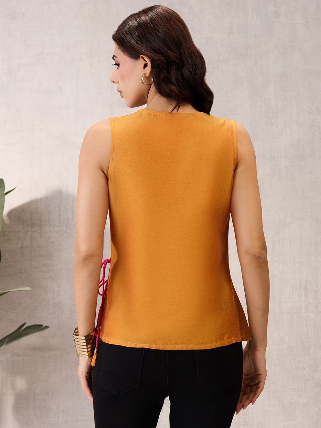 Mustard Gold Sleeveless Wrap Top with Geometric Border