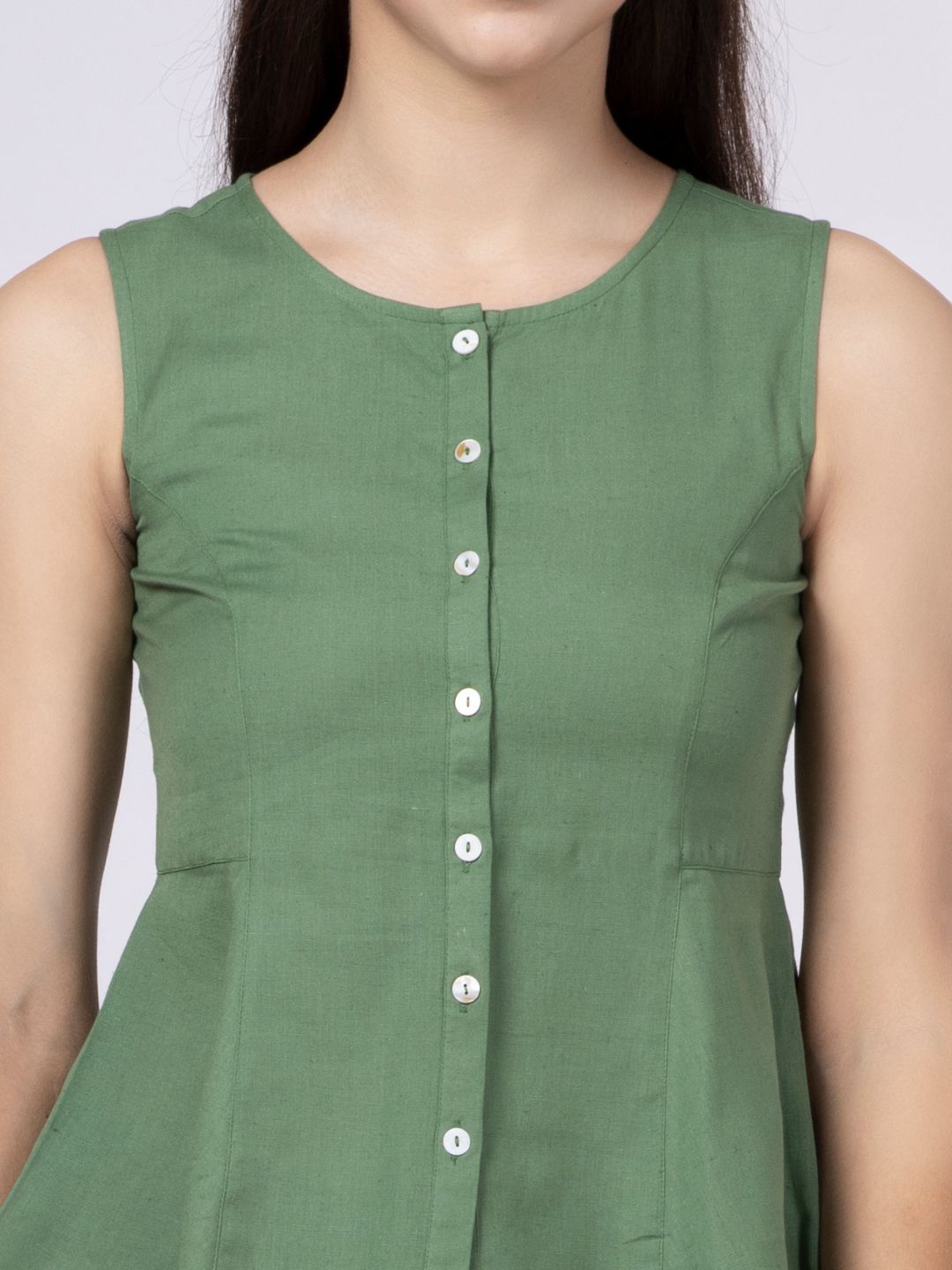 Olive Cotton Flax Panelled A-Line Top with Button-Down Placket