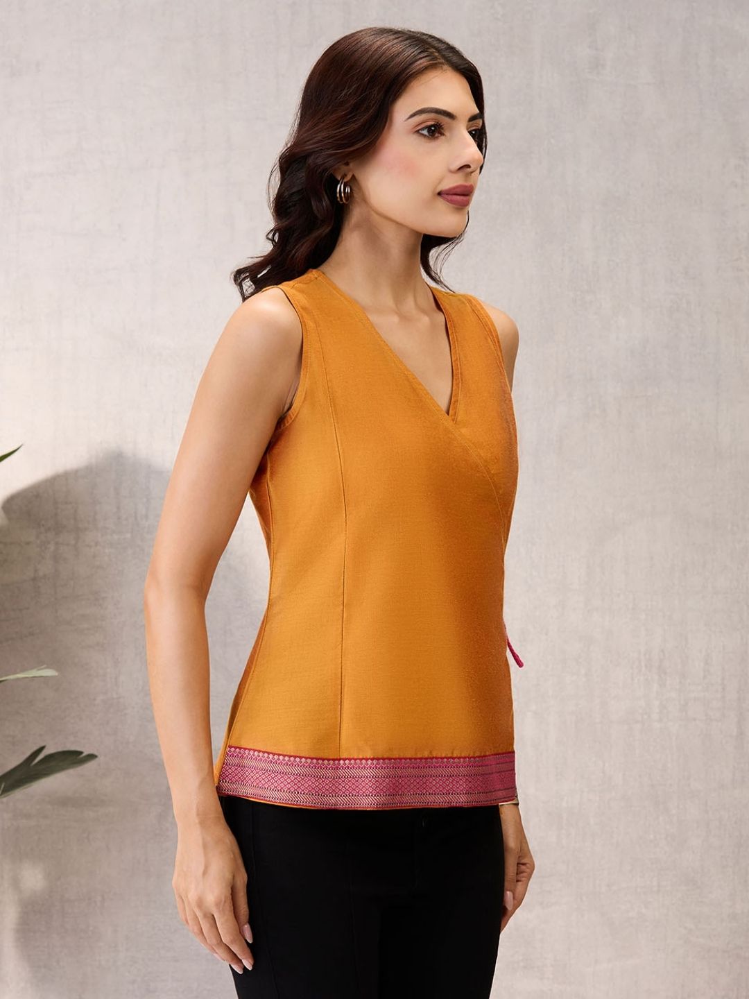 Mustard Gold Sleeveless Wrap Top with Geometric Border