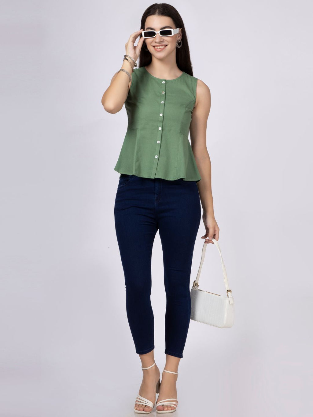 Olive Cotton Flax Panelled A-Line Top with Button-Down Placket
