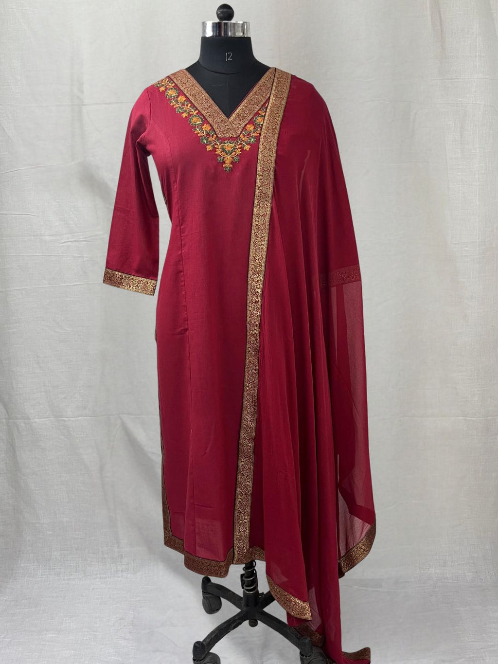 Red Chiffon Dupatta with Brocade Lace