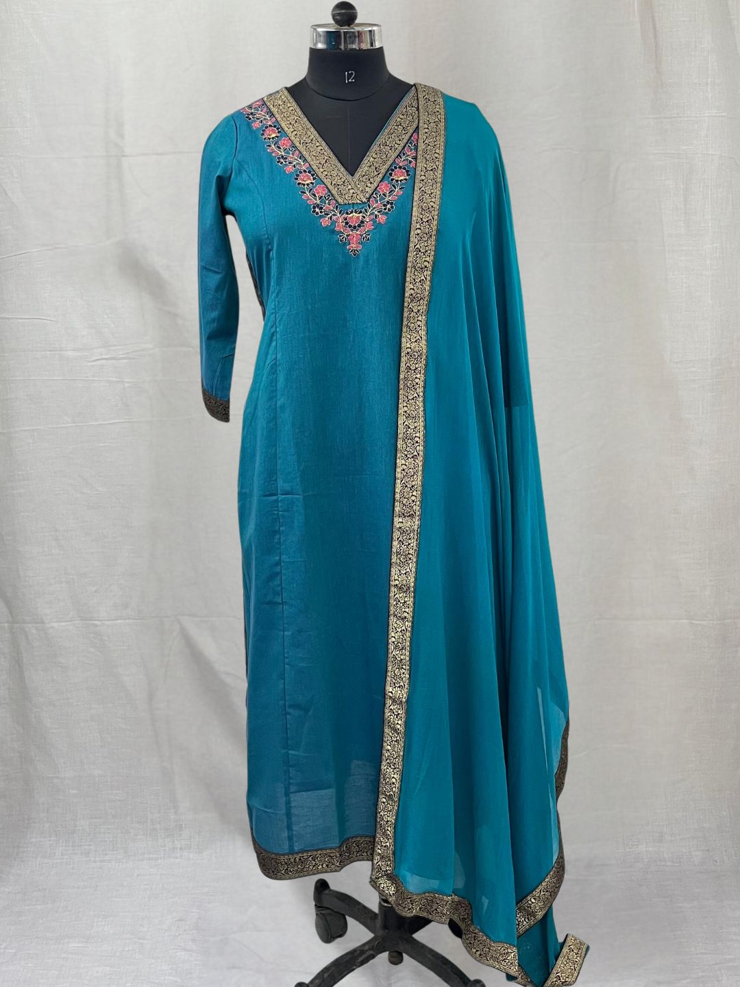 Blue Chiffon Dupatta with Brocade Lace