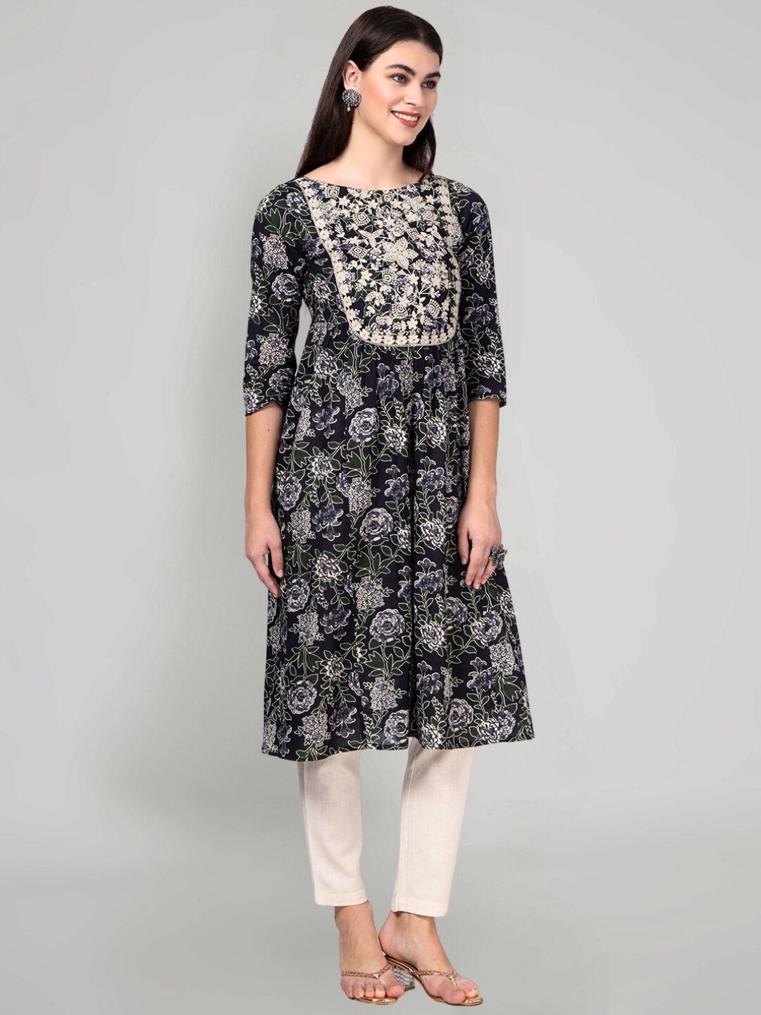 Black Floral Printed Kurta with Neck Embroidery