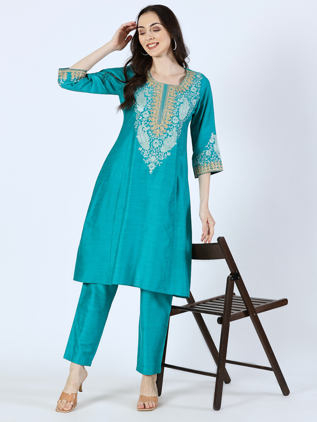 Turquoise Art Silk Embroidered Kurta and Palazzo Set