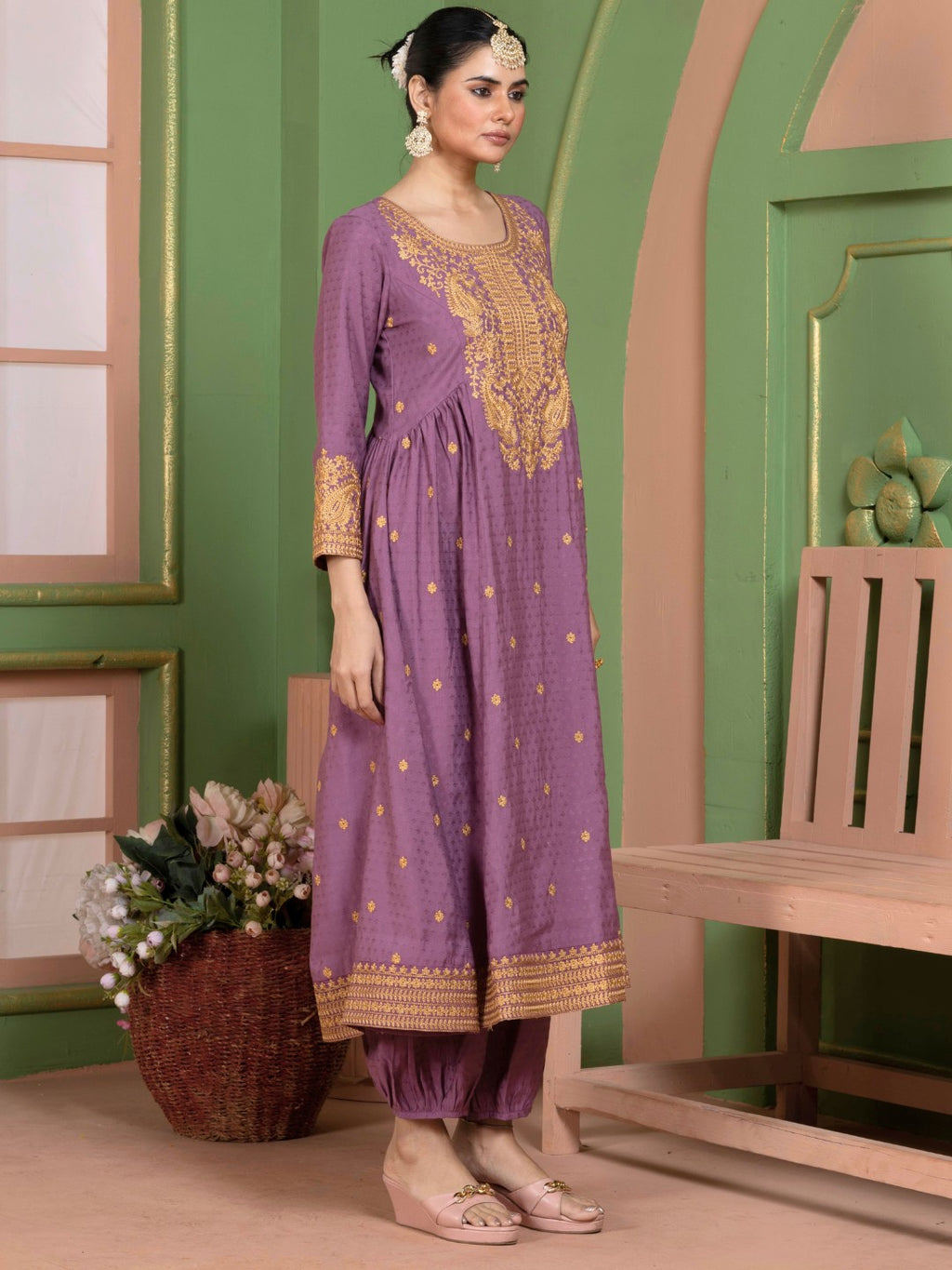 Dusty Plum Kashida Embroidered Fit and Flare Kurta with Salwar and Dupatta