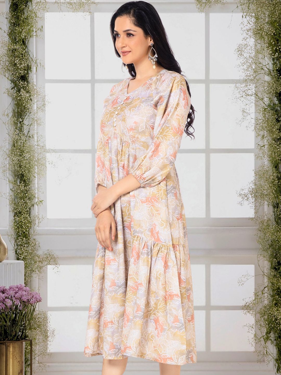 Moccasin Yellow Modernist Floral Midi Dress