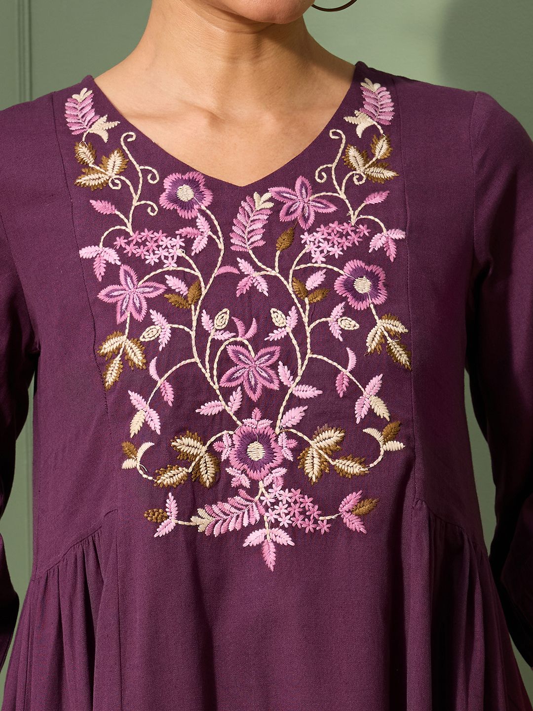 Aubergine Purple Embroidered Cotton-Linen Dress