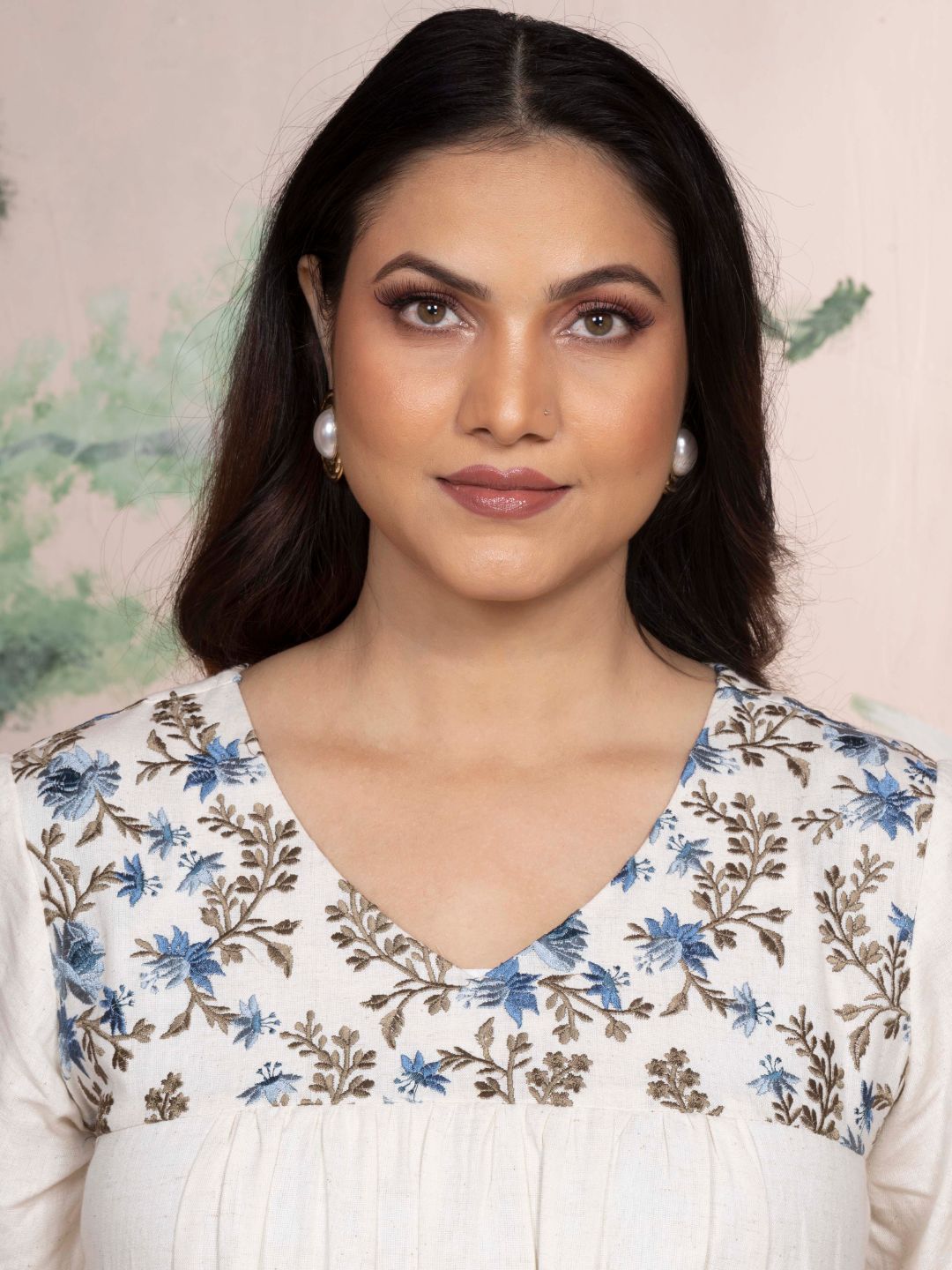 Natural Cotton Linen Dress A-Line with Parsi Gara Inspired Embroidery