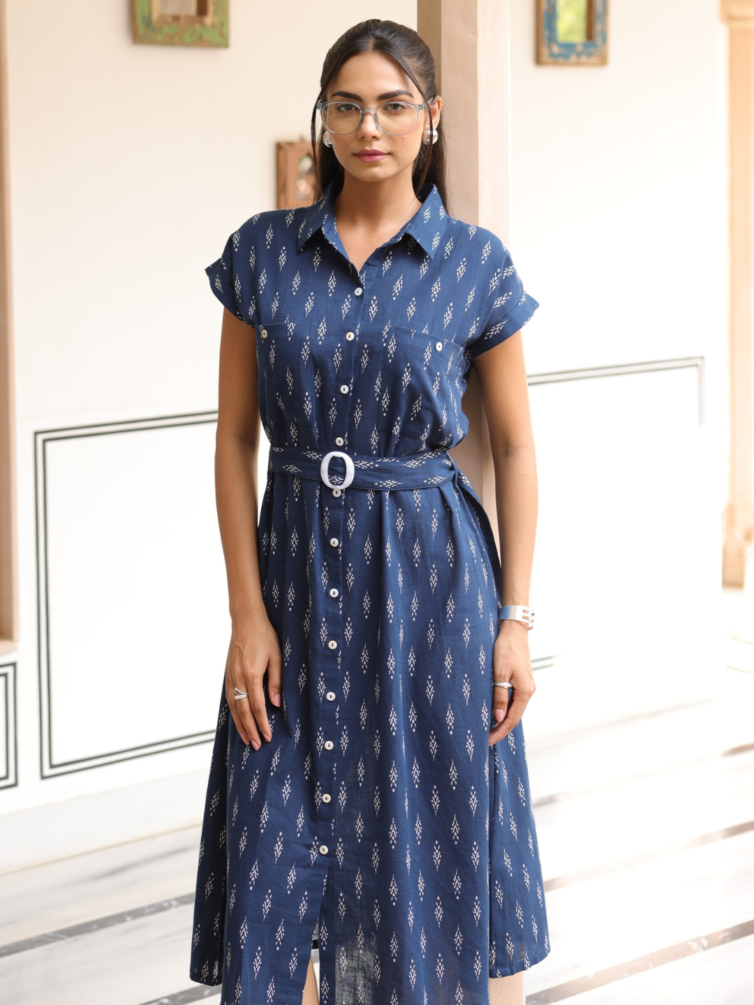 Navy Blue Ikat Print Cotton Dress With Belt Buckle