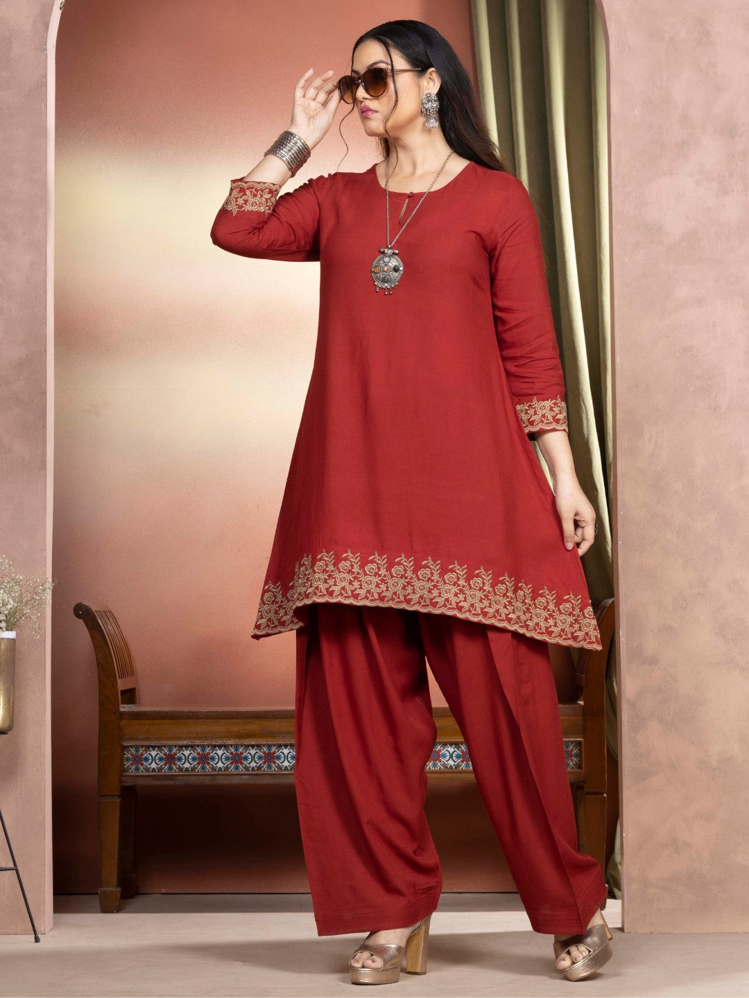 Terracotta Rust Embroidered A-Line Kurta with Farshi Salwar