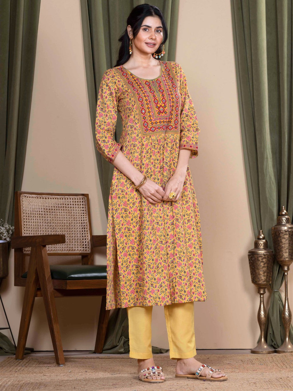 Marigold Ochre Sanganeri Print Kurta with Embroidered Yoke