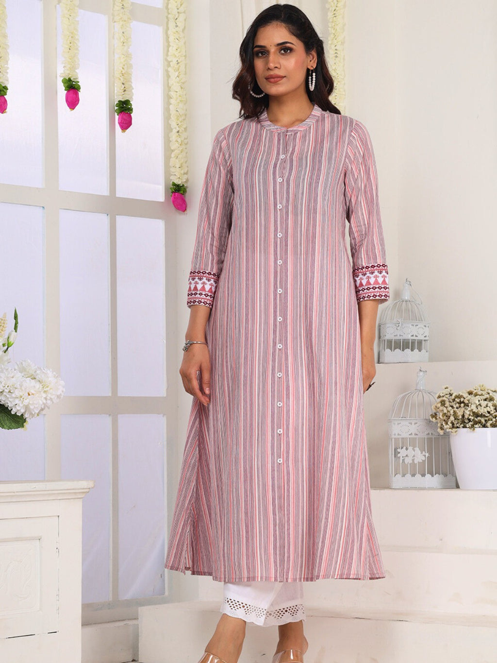Blush Pink Striped Cotton Kurta for Women