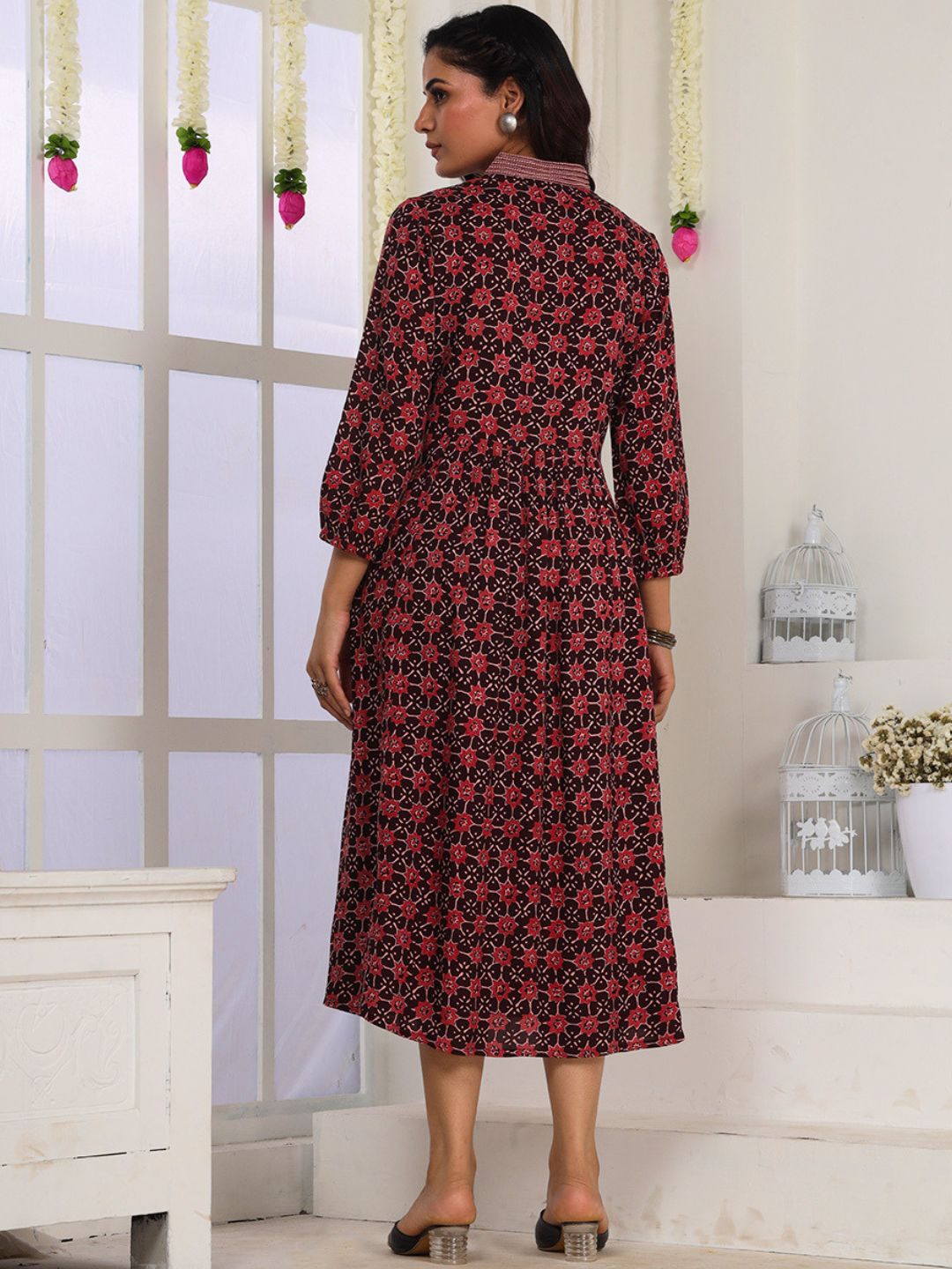 Wine Printed A-Line Dress with Embroidery and Pockets