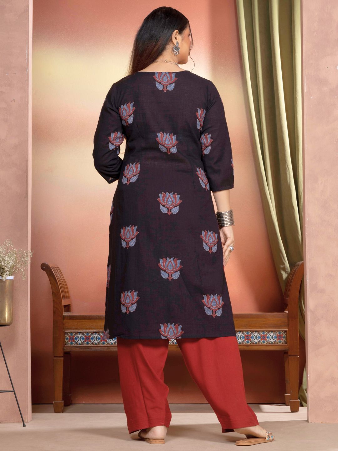 Midnight Black Cotton Motif Print Straight Kurta with Embroidered Neckline