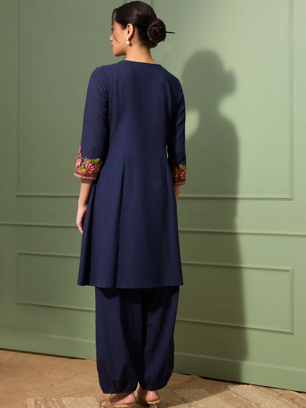 Deep Prussian Blue Kashida Embroidered A-Line Cotton Kurta Set with Afghani Salwar