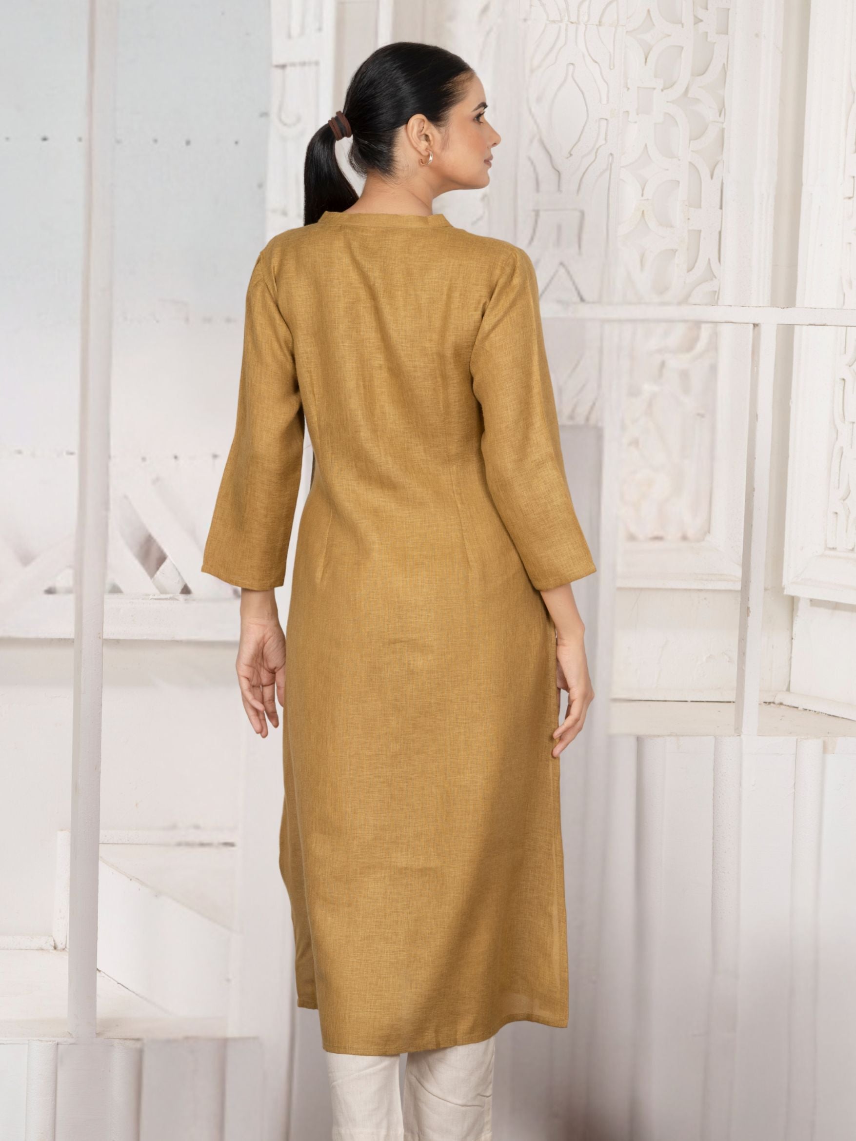 Honey Mustard Vine-Trail Button-Down Kurta