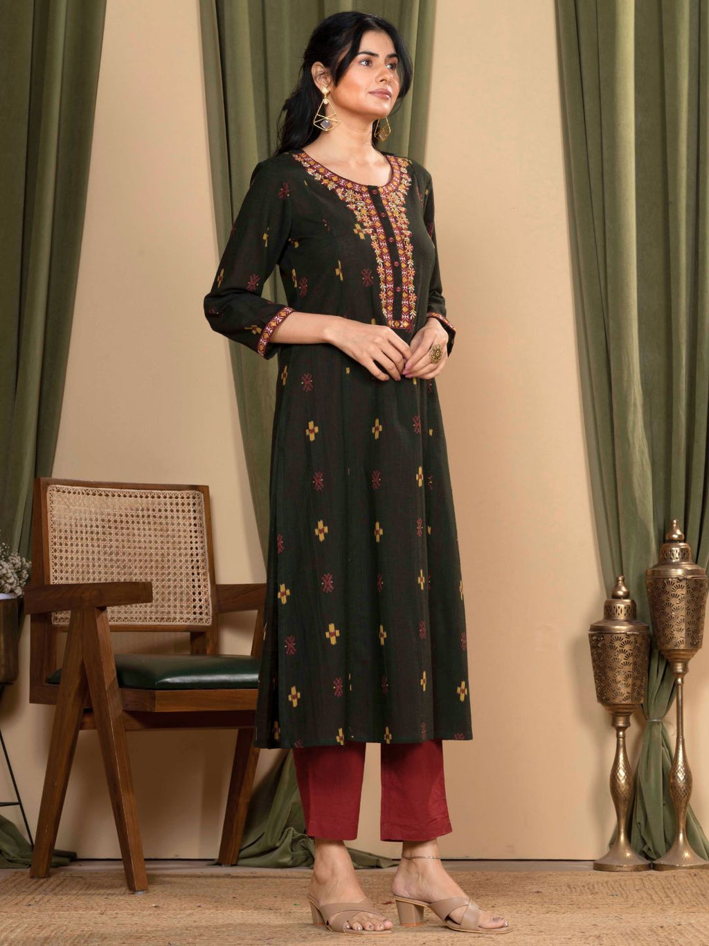 Forest Green Ikat Print Cotton Kurta with Embroidery