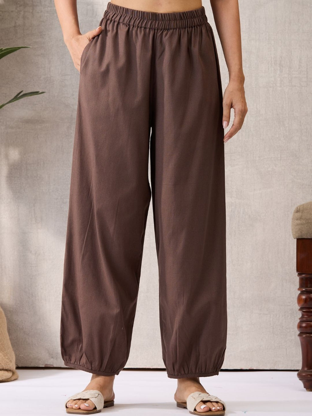 Brown Cotton Linen Piping Hem Palazzo with Pocket