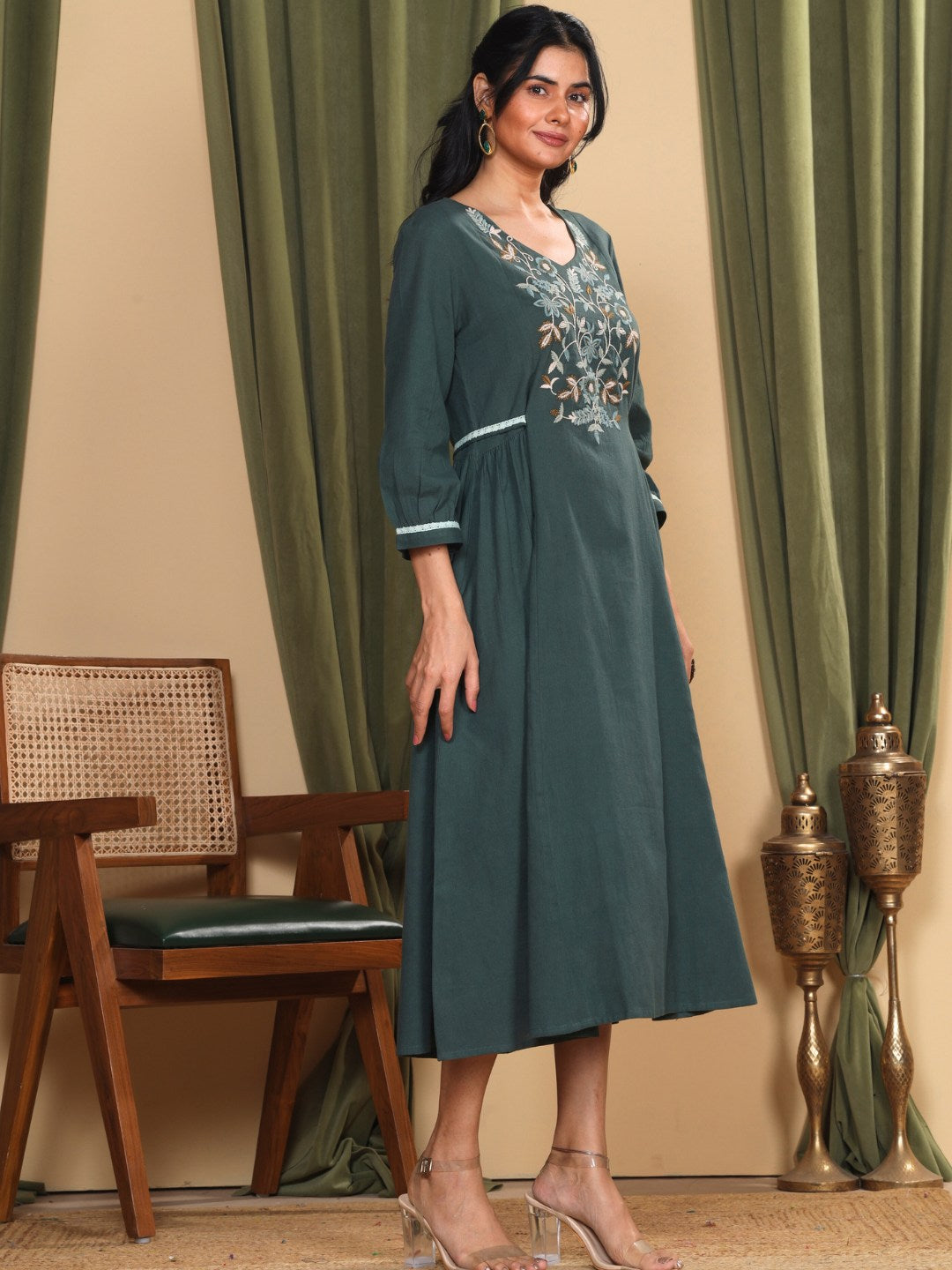 Hunter Green Embroidered Cotton-Linen Dress
